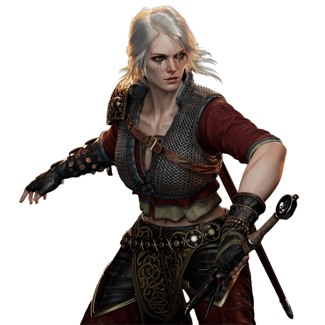 3D model of Ciri from The Witcher, featuring white hair, a fierce look, and detailed leather and chainmail armor.